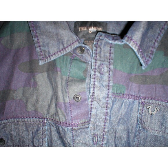 New Mens NWT True Religion Jeans Designer Denim Camo Shirt Button Down L Blue - Picture 8 of 10